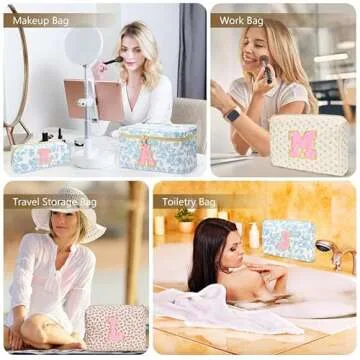 DOSUKE 3 PCS Travel Makeup Bag Set, A-Z Initials Cotton Make up Bag Floral Quilted Cosmetic Bag for Girls and Women, Personalized Cute Toiletry Bag Travel Accessories Brushes Bag Blue - J