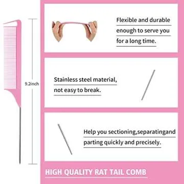 Goiple Hair Styling Brush Set, 12 Pieces Nylon Teasing Hair Brush Rat Tail Comb with Duckbill Clips, Double Sided Edge Brush for Edge & Back Brushing, Combing, Slicking Hair for Women Girls (Pink)