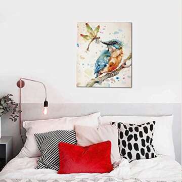 Abstract Dragonfly Canvas Print Wall Art, Colorful Bird On A Tree Branch Painting Picture Print, Mod...