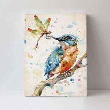 Abstract Dragonfly Canvas Print Wall Art, Colorful Bird On A Tree Branch Painting Picture Print, Modern Watercolor Insect Artwork Home Decor Framed For Bathroom Living Room Bedroom Office 12InX16In