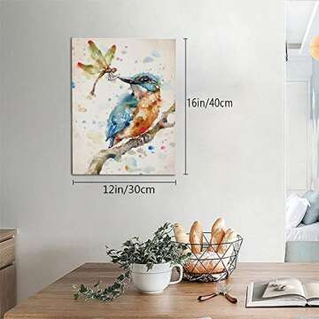 Abstract Dragonfly Canvas Print Wall Art, Colorful Bird On A Tree Branch Painting Picture Print, Modern Watercolor Insect Artwork Home Decor Framed For Bathroom Living Room Bedroom Office 12InX16In