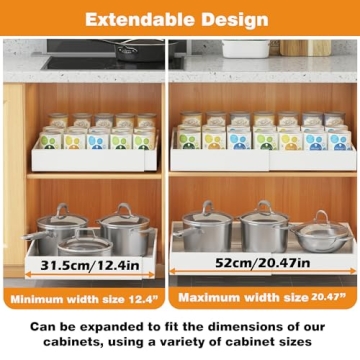 COVAODQ Pull Out Cabinet Organizer Extendable Sliding Slide Out Pantry Shelves Storage No Punch for Kitchen Base Cabinet Organization, Pantry, Bathroom Adjustable Width 12.4" to 20.4",1 Pack