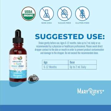 MaryRuth Organics Infant Liquid Ionic Zinc with Organic Glycerin, Zinc Sulfate for Immune Support, Vegan, Formulated for Ages 0-12 Months, 1 Month Supply, 2 Fl Oz