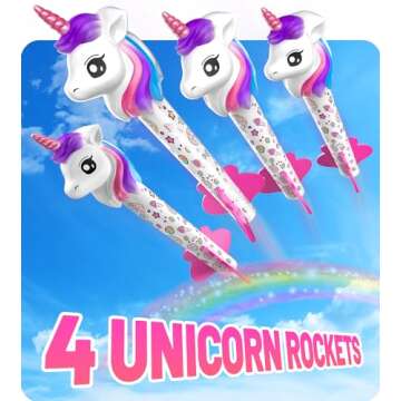 beefunni Unicorn Rocket Launcher for Kids, 4 Unicorn Outdoor Toys for Girls, Christmas Birthday Unicorn Gifts for Girls Ages 2 3 4 5 6 7 8 Years Old, Fun Unicorn Toys for Kids Ages 2-4-6 Years Old