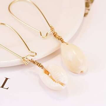 AMOR SPES White Natural Sea Shell Gold Pearl Drop Earrings Dangle Earrings for Women Beach Jewelry (F)