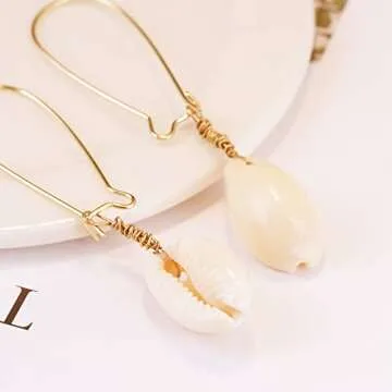 AMOR SPES White Natural Sea Shell Gold Pearl Drop Earrings Dangle Earrings for Women Beach Jewelry (F)