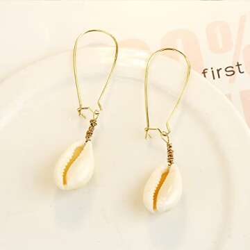 AMOR SPES White Natural Sea Shell Gold Pearl Drop Earrings Dangle Earrings for Women Beach Jewelry (F)
