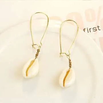 AMOR SPES White Natural Sea Shell Gold Pearl Drop Earrings Dangle Earrings for Women Beach Jewelry (F)