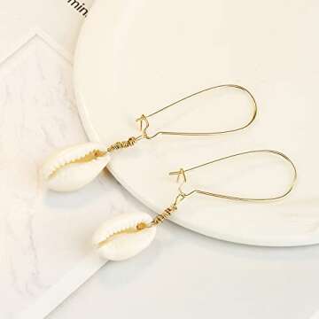 AMOR SPES White Natural Sea Shell Gold Pearl Drop Earrings Dangle Earrings for Women Beach Jewelry (F)