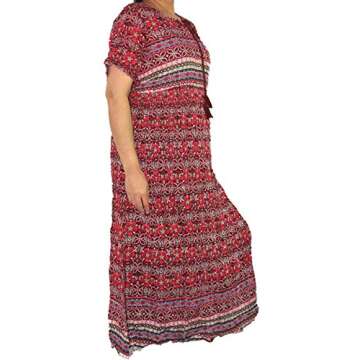 Highwaypay Women's Bohemian Gypsy Indian Boho Hippie Drawstring Neck Print Flowy Party Long Maxi Dress (Large) Red