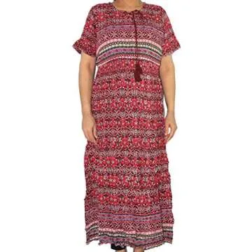 Highwaypay Women's Bohemian Gypsy Indian Boho Hippie Drawstring Neck Print Flowy Party Long Maxi Dress (Large) Red