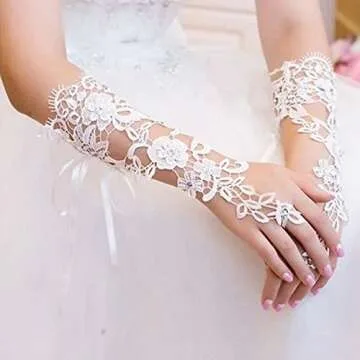 JISEN Women Wedding Lace Gloves Formal Banquet Party Fingerless Pierced Gift