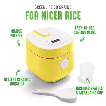 GreenLife 4-Cup Digital Rice Cooker, PFAS & PFOA-Free Removable Ceramic Dishwasher Safe Pot, Healthy Cooking Oats Grains & More, Auto Presets, Touch-screen, Delay & Keep Warm, Paddle Included, Yellow
