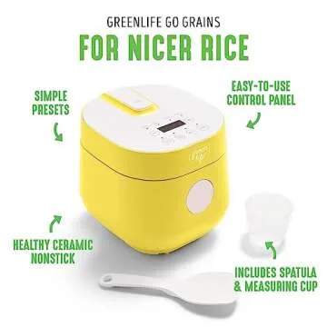 GreenLife 4-Cup Digital Rice Cooker, PFAS & PFOA-Free Removable Ceramic Dishwasher Safe Pot, Healthy Cooking Oats Grains & More, Auto Presets, Touch-screen, Delay & Keep Warm, Paddle Included, Yellow