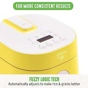 GreenLife 4-Cup Digital Rice Cooker, PFAS & PFOA-Free Removable Ceramic Dishwasher Safe Pot, Healthy Cooking Oats Grains & More, Auto Presets, Touch-screen, Delay & Keep Warm, Paddle Included, Yellow