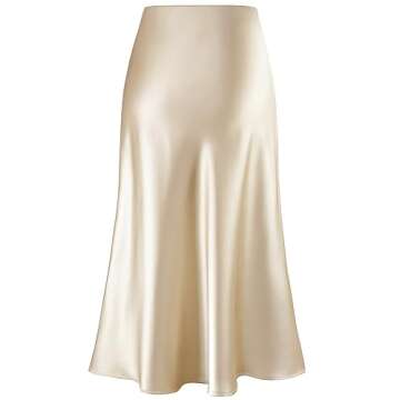 Women's Satin High Waist Hidden Elasticized Waistband Flared Casual A Line Midi Skirt (Champagne, Medium)