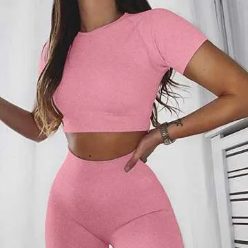 QINSEN Sport Exercise Outfit for Women Short Sleeve Crop Top High Waist Leggings Workout 2 Pieces Yoga Set Pink S