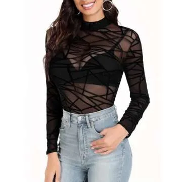 Ysabeloom Women's Sheer Mesh Bodysuit Long Sleeve See Through Bodysuit Tops Turtleneck Leotards