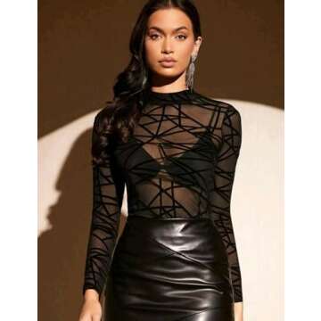 Ysabeloom Women's Sheer Mesh Bodysuit Long Sleeve See Through Bodysuit Tops Turtleneck Leotards