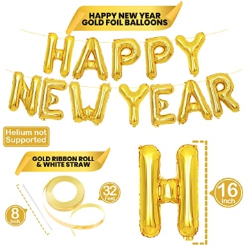 KatchOn, Gold Happy New Year Balloons - 16 Inch | New Years Balloons, New Years Eve Party Supplies 2025 | NYE Balloons, New Years Decorations 2025 | Happy New Year Banner, New Years 2025 Balloons