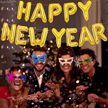 KatchOn, Gold Happy New Year Balloons - 16 Inch | New Years Balloons, New Years Eve Party Supplies 2025 | NYE Balloons, New Years Decorations 2025 | Happy New Year Banner, New Years 2025 Balloons