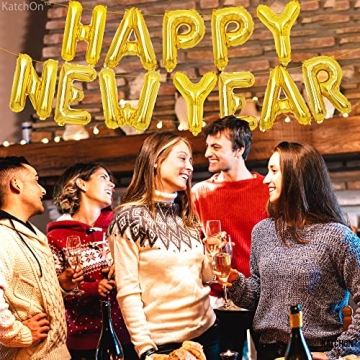 KatchOn, Gold Happy New Year Balloons - 16 Inch | New Years Balloons, New Years Eve Party Supplies 2025 | NYE Balloons, New Years Decorations 2025 | Happy New Year Banner, New Years 2025 Balloons