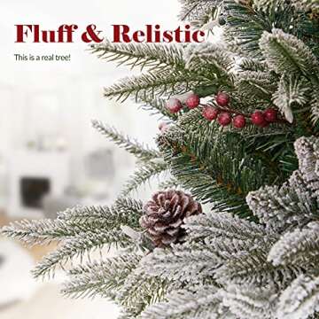 OasisCraft 7.5FT Snow Flocked Pre-lit Christmas Tree, Premium PVC & PE 1386 Branch Tips Hinged Xmas Tree with Pine Cones and Red Berries, Equipped Folding Metal Stand for Outdoor and Indoor Decoration
