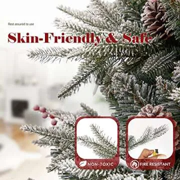 OasisCraft 7.5FT Snow Flocked Pre-lit Christmas Tree, Premium PVC & PE 1386 Branch Tips Hinged Xmas Tree with Pine Cones and Red Berries, Equipped Folding Metal Stand for Outdoor and Indoor Decoration