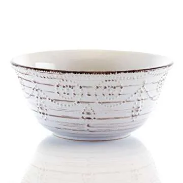 Elama Rustic Birch 16 Piece Embossed Scalloped Stoneware Round Dinnerware Set in White with Brown Accents