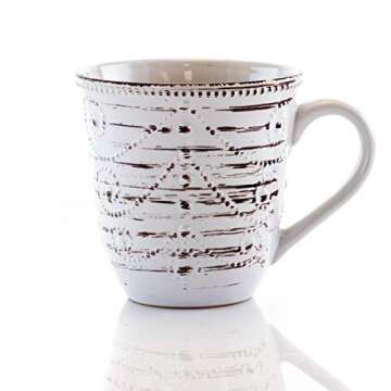 Elama Rustic Birch 16 Piece Embossed Scalloped Stoneware Round Dinnerware Set in White with Brown Accents