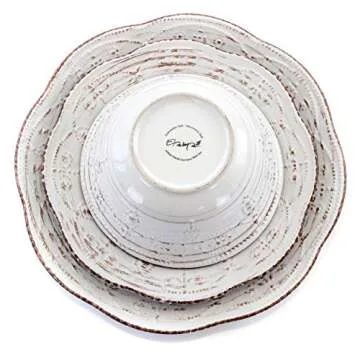 Elama Rustic Birch 16 Piece Embossed Scalloped Stoneware Round Dinnerware Set in White with Brown Accents