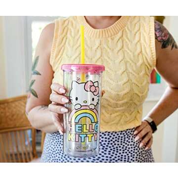 Silver Buffalo Sanrio Hello Kitty Plastic Tall Cold Cup with Lid and Straw, 20 Ounces