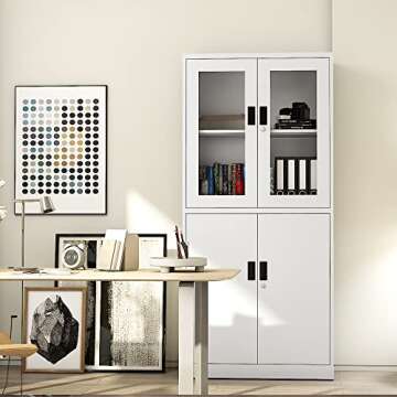 Letaya Storage Cabinet with Doors and Shelves,71" Steel Locker Acrylic Glass Door with Lock, for Sch...