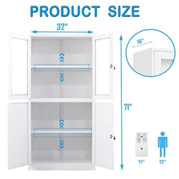 Letaya Storage Cabinet with Doors and Shelves,71" Steel Locker Acrylic Glass Door with Lock, for School Home Office