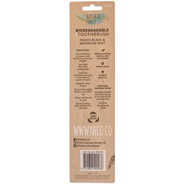 The Natural Family Co. Bio Toothbrush, Soft Nylon Bristles with Non GMO Cornstarch Handles, Plastic Free Packaging and Pirate Black and Monsoon Mist Twin Pack