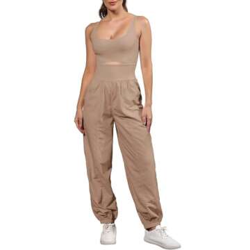 ReachMe Workout Romper Running Onesie Gym Yoga Pants Hiking Outfits Sleeveless One Piece Jumpsuits with Pockets(1 Khaki,S)