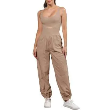 ReachMe Workout Romper Running Onesie Gym Yoga Pants Hiking Outfits Sleeveless One Piece Jumpsuits with Pockets(1 Khaki,S)