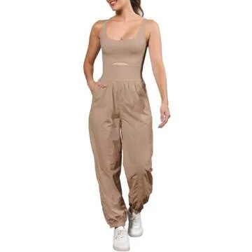 ReachMe Workout Romper Running Onesie Gym Yoga Pants Hiking Outfits Sleeveless One Piece Jumpsuits with Pockets(1 Khaki,S)