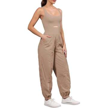 ReachMe Workout Romper Running Onesie Gym Yoga Pants Hiking Outfits Sleeveless One Piece Jumpsuits with Pockets(1 Khaki,S)
