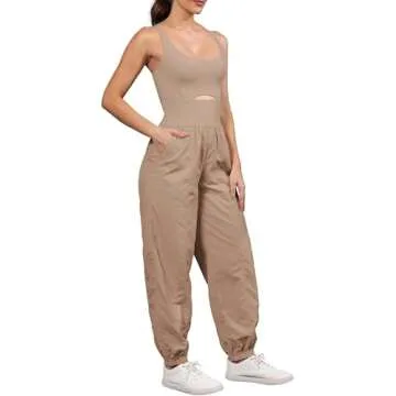 ReachMe Workout Romper Running Onesie Gym Yoga Pants Hiking Outfits Sleeveless One Piece Jumpsuits with Pockets(1 Khaki,S)