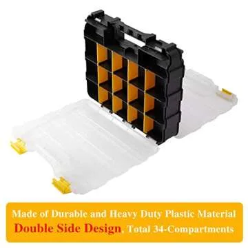 Hardware Organizer Box 34 Compartments Small Parts Organizer with Removable Dividers Durable Plastic Double Side Tools Box Screw Organizer For Nuts, Bolts, Screws, Nails, Small Hardware (Yellow)