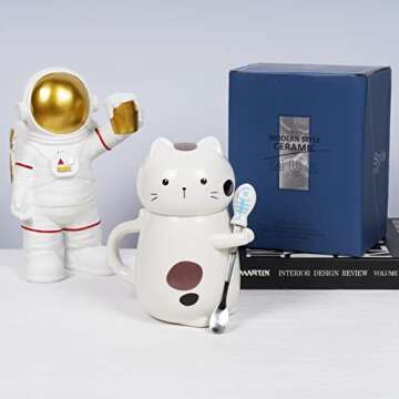Asmwo Cute 3D Cat Mug Funny Ceramic Coffee Tea Mug with Lid and Stirring Spoon Novelty Birthday Chri...