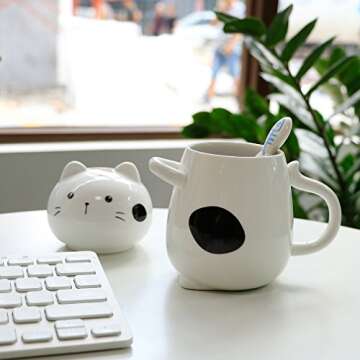 Asmwo Cute 3D Cat Mug Funny Ceramic Coffee Tea Mug with Lid and Stirring Spoon Novelty Birthday Christmas Thanks Giving Gift for Cat Lovers Valentine's Day Gifts,White 14 oz-A
