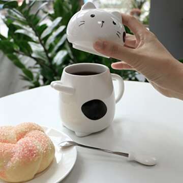 Asmwo Cute 3D Cat Mug Funny Ceramic Coffee Tea Mug with Lid and Stirring Spoon Novelty Birthday Christmas Thanks Giving Gift for Cat Lovers Valentine's Day Gifts,White 14 oz-A