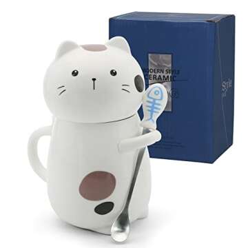 Asmwo Cute 3D Cat Mug Funny Ceramic Coffee Tea Mug with Lid and Stirring Spoon Novelty Birthday Christmas Thanks Giving Gift for Cat Lovers Valentine's Day Gifts,White 14 oz-A