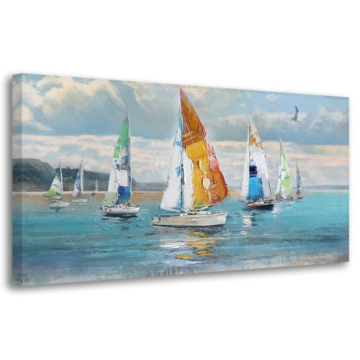 Ardemy Blue Abstract Wall Art Canvas Ocean Sailboat Picture Modern Coastal Painting Large Size Color...
