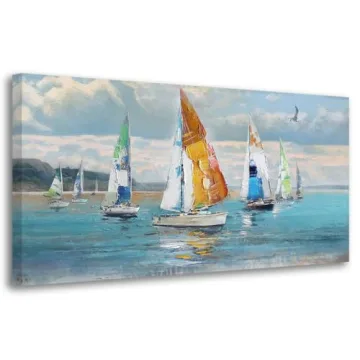 Ardemy Blue Abstract Wall Art Canvas Ocean Sailboat Picture Modern Coastal Painting Large Size Color...