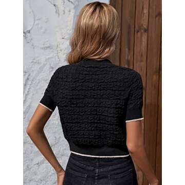 Verdusa Women's Casual Button Down Crewneck Short Sleeve Crop Knit Top Cardigan