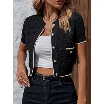 Verdusa Women's Casual Button Down Crewneck Short Sleeve Crop Knit Top Cardigan