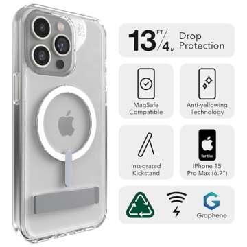 ZAGG Crystal Palace Snap iPhone 15 Pro Max Clear Phone Case w/Built-in Kickstand - Drop Protection (...